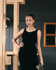Solid Black Velvet Cowl Dress