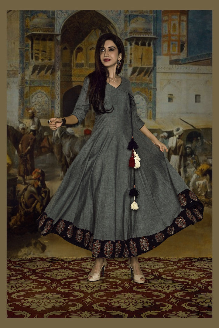 Grey Cotton Anarkali Dress by Sayuri.