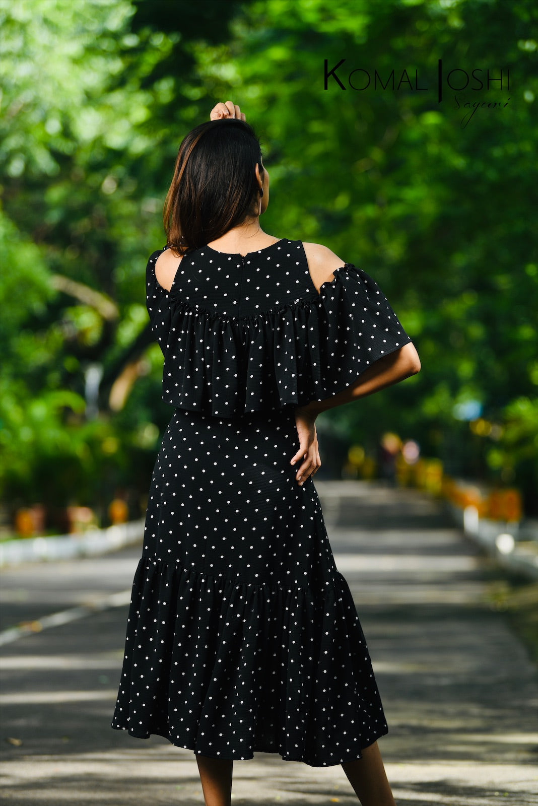 Black Polka Dot Georgette Dress By Sayuri.