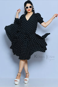 Black Georgette White Polka Dot Midi Dress By Sayuri.