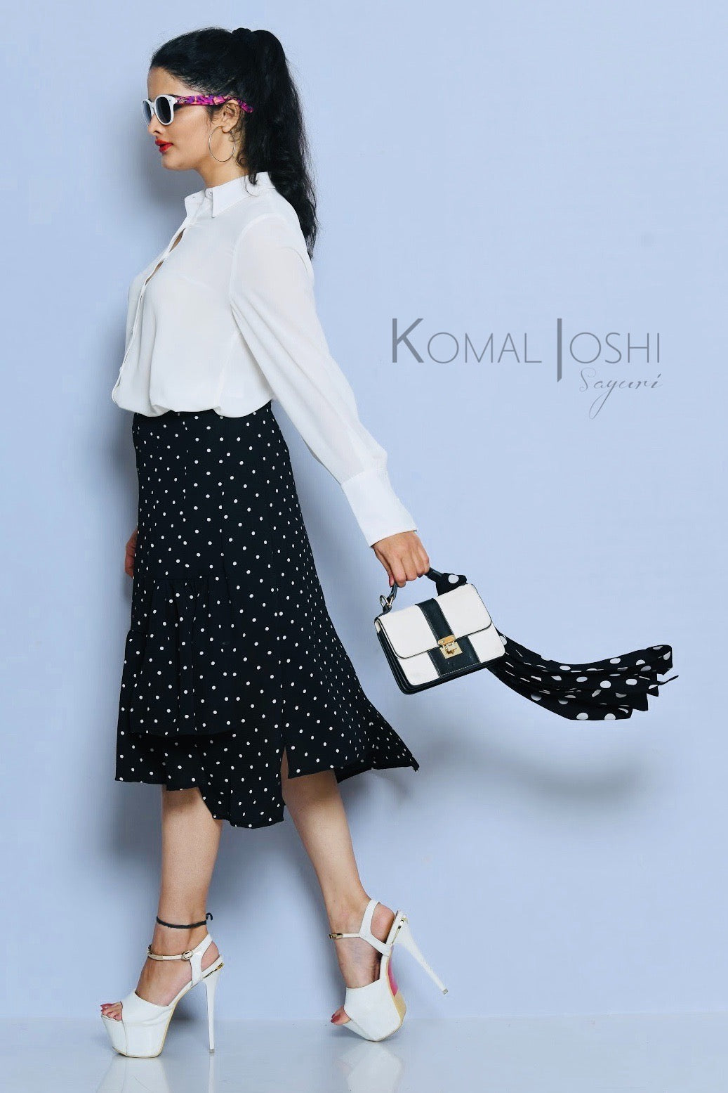 Black Georgette White Polka Dot Skirt By Sayuri.