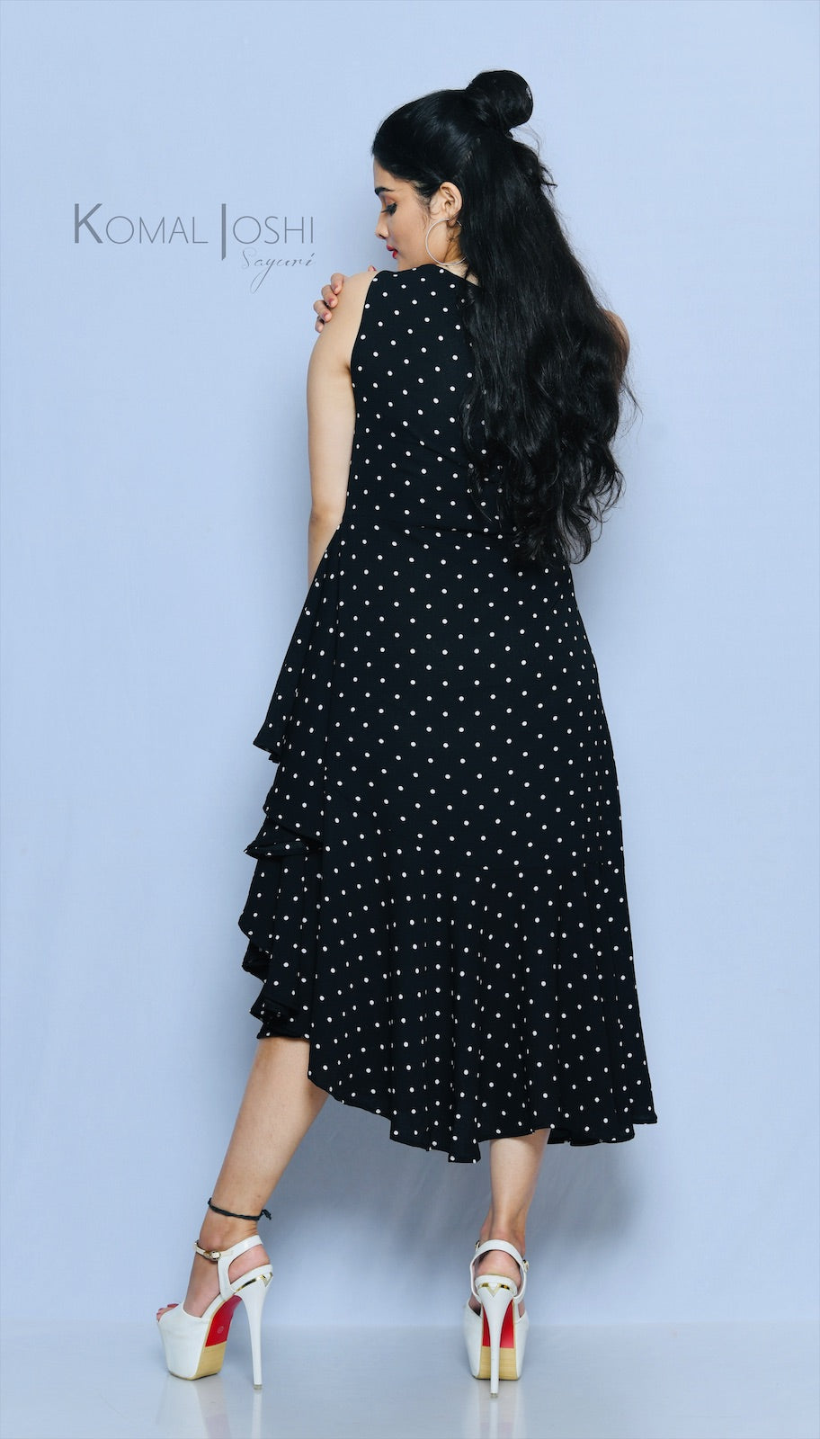 Black Polka Dot Georgette Ruffle Dress By Sayuri.