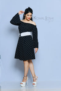 Black Georgette Polka Dot Off Shoulder Mini Dress By Sayuri