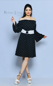 Black Georgette Polka Dot Off Shoulder Mini Dress By Sayuri