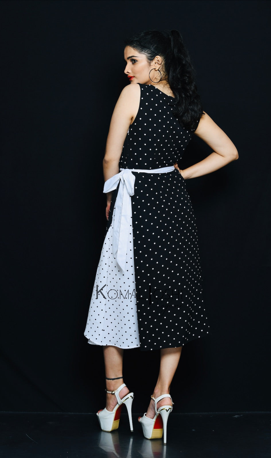 Black Georgette Polka Dot Midi Dress By Sayuri