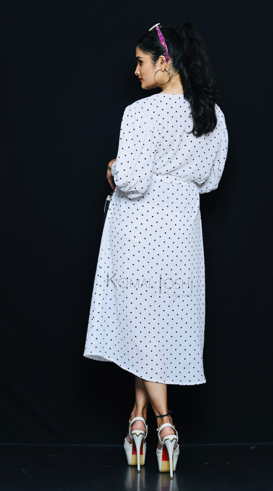 White Polka Dot Georgette Maxi Dress By Sayuri