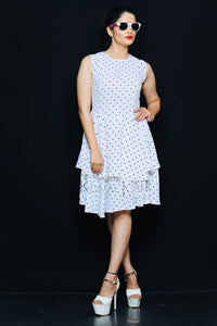White Georgette With Black Polka Dot Tiered Dress By Sayuri.