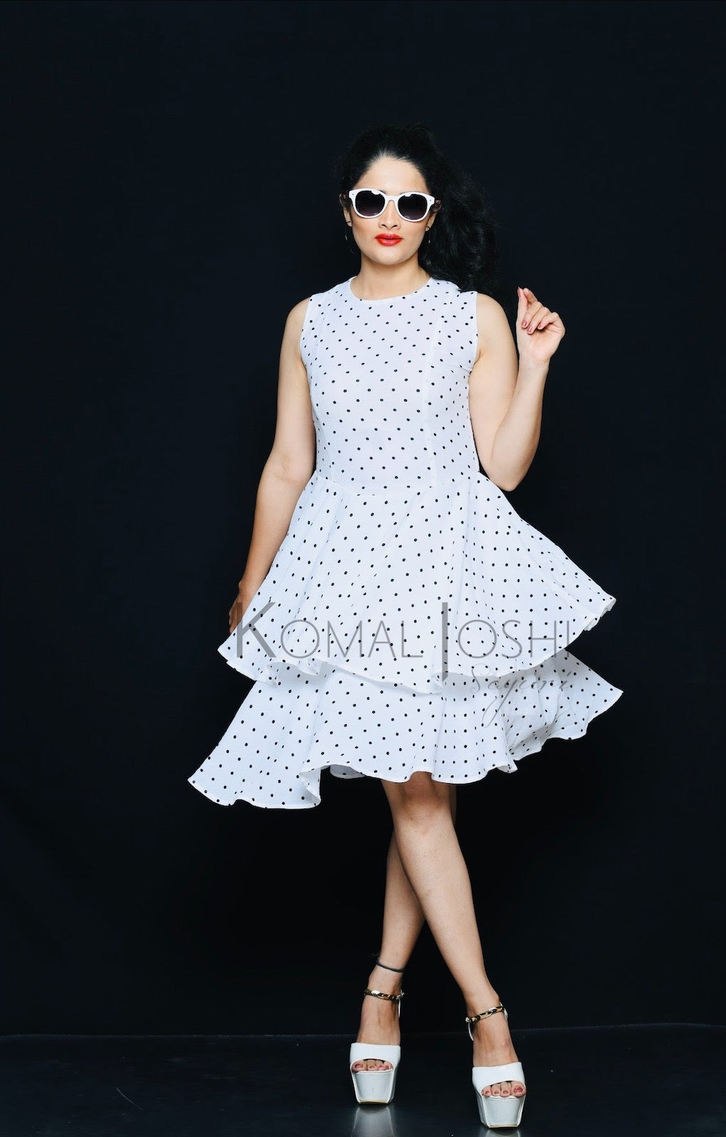 White Georgette With Black Polka Dot Tiered Dress By Sayuri.