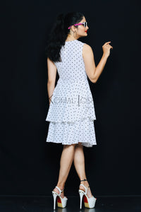 White Georgette With Black Polka Dot Tiered Dress By Sayuri.