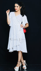 White Georgette Black Polka Dot Ruffled Dress By Sayuri.