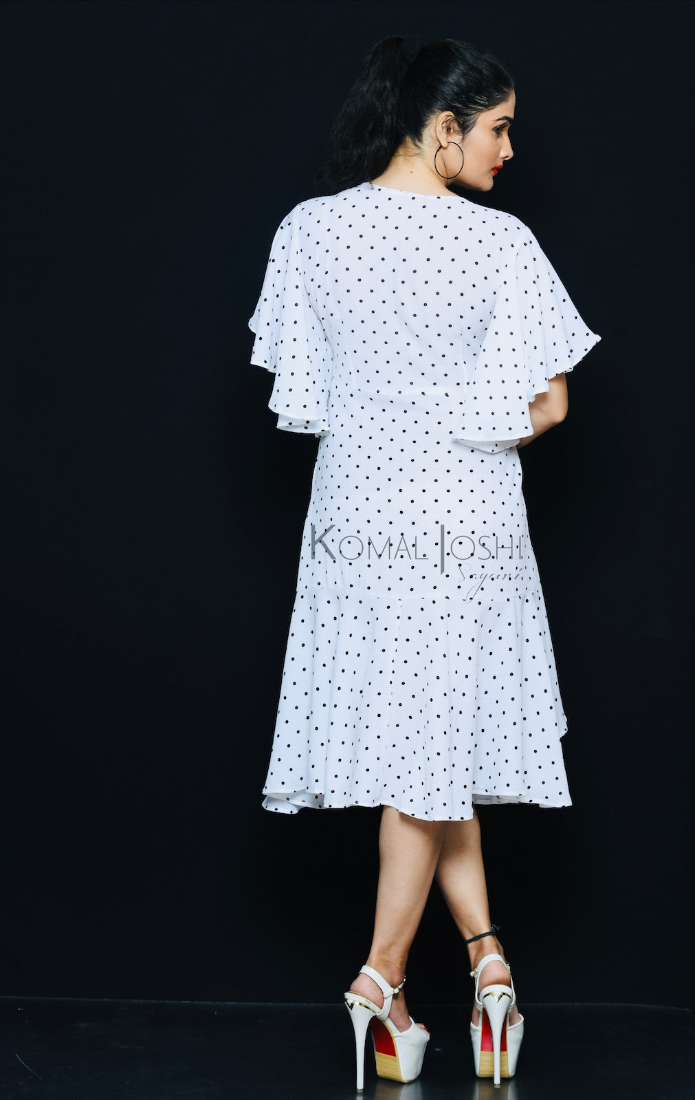 White Georgette Black Polka Dot Ruffled Dress By Sayuri.