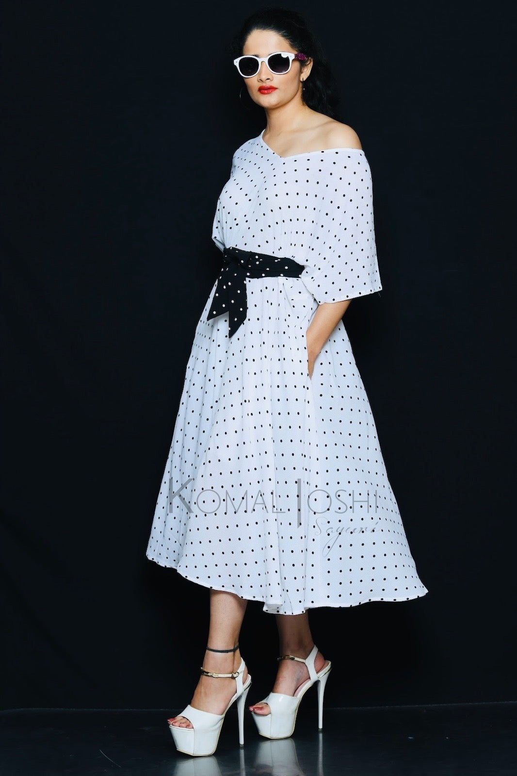 White Georgette With Black Polka Dot Midi Dress By Sayuri.
