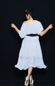 White Georgette With Black Polka Dot Midi Dress By Sayuri.