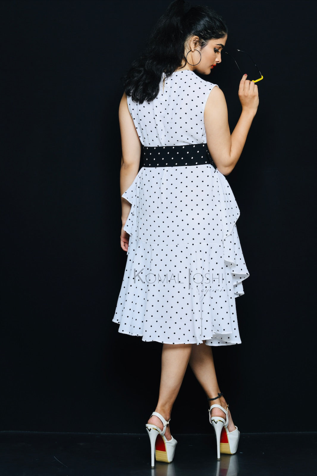 White Georgette Black Polka Dot Ruffled Midi Dress By Sayuri.