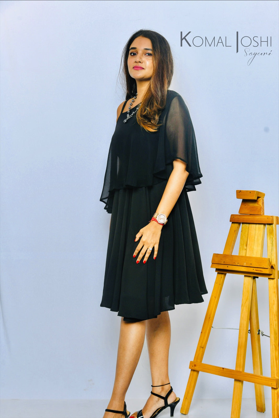 Black Georgette One Shoulder Strap Midi Dress By Sayuri.
